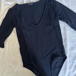 Zara Black Ribbed Scoop Neck Quarter Sleeve Bodysuit